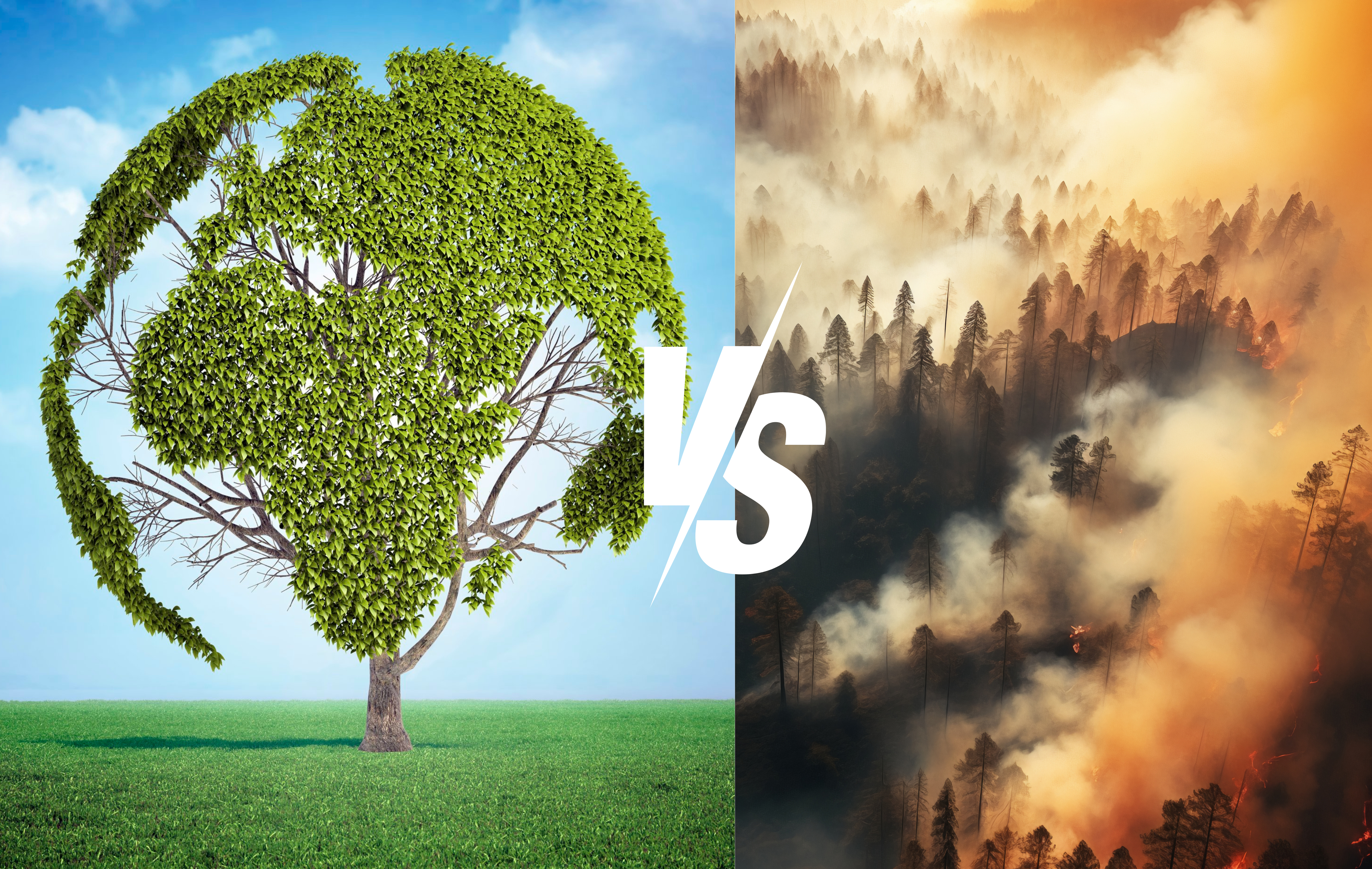 A green tree shaped like Earth contrasts with a smoky, burning forest; "VS" in the center.